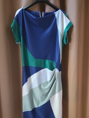 Donna Karan Blue, Green & White Colorblock Midi Dress